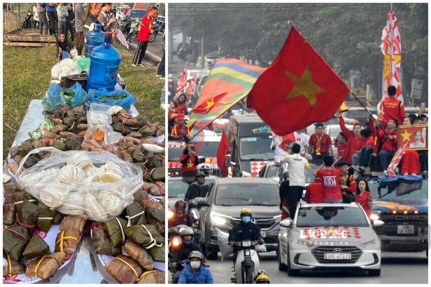 People in Hung Lo commune wrapped cakes, prepared many kinds of food, fruits, and drinks to give away for free to fans coming to Viet Tri city to cheer for the Vietnamese team. Photo: To Cong.
