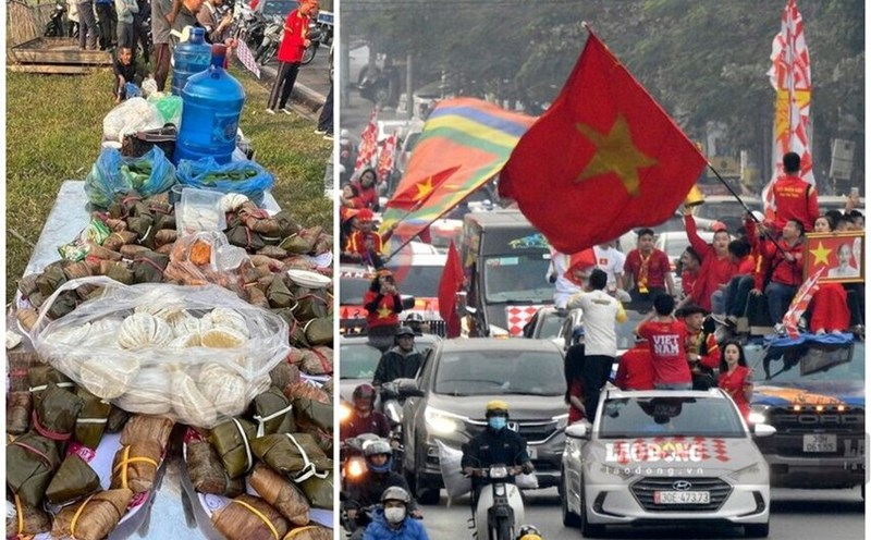 People in Hung Lo commune wrapped cakes, prepared many kinds of food, fruits, and drinks to give away for free to fans coming to Viet Tri city to cheer for the Vietnamese team. Photo: To Cong.
