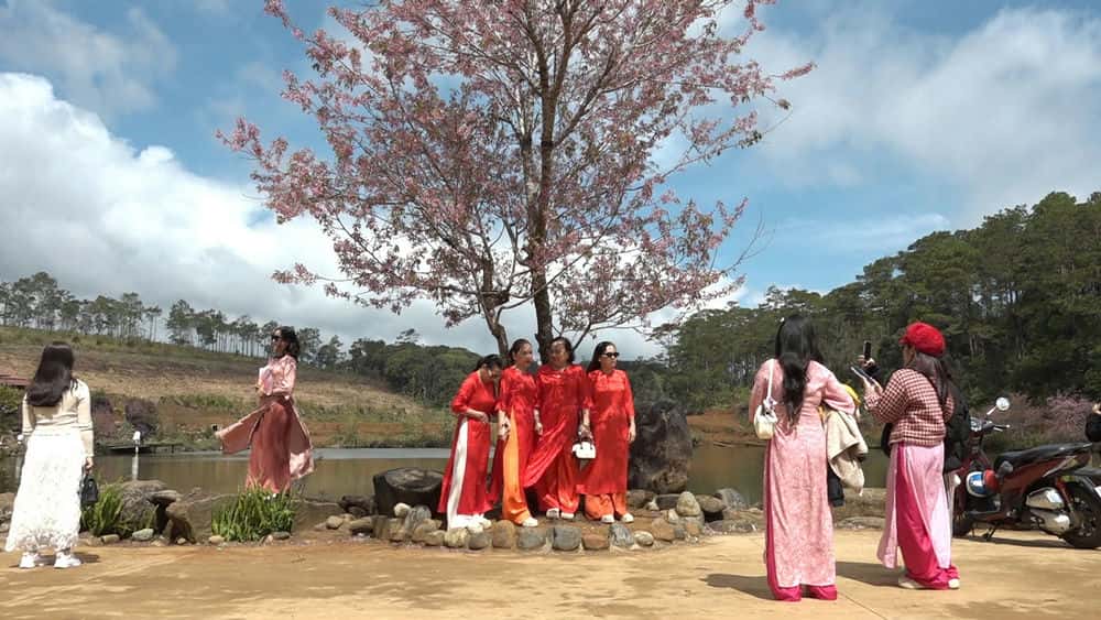Spring tourists take photos in Mang Den. Photo: Kon Plong District Culture, Sports and Tourism Center