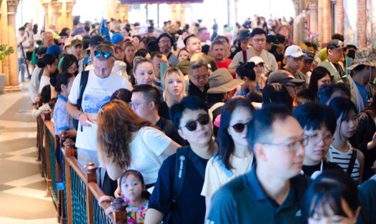 Du khách xếp hàng chờ vào tham quan các điểm ở Nam đảo Phú Quốc. Ảnh: Bình Minh