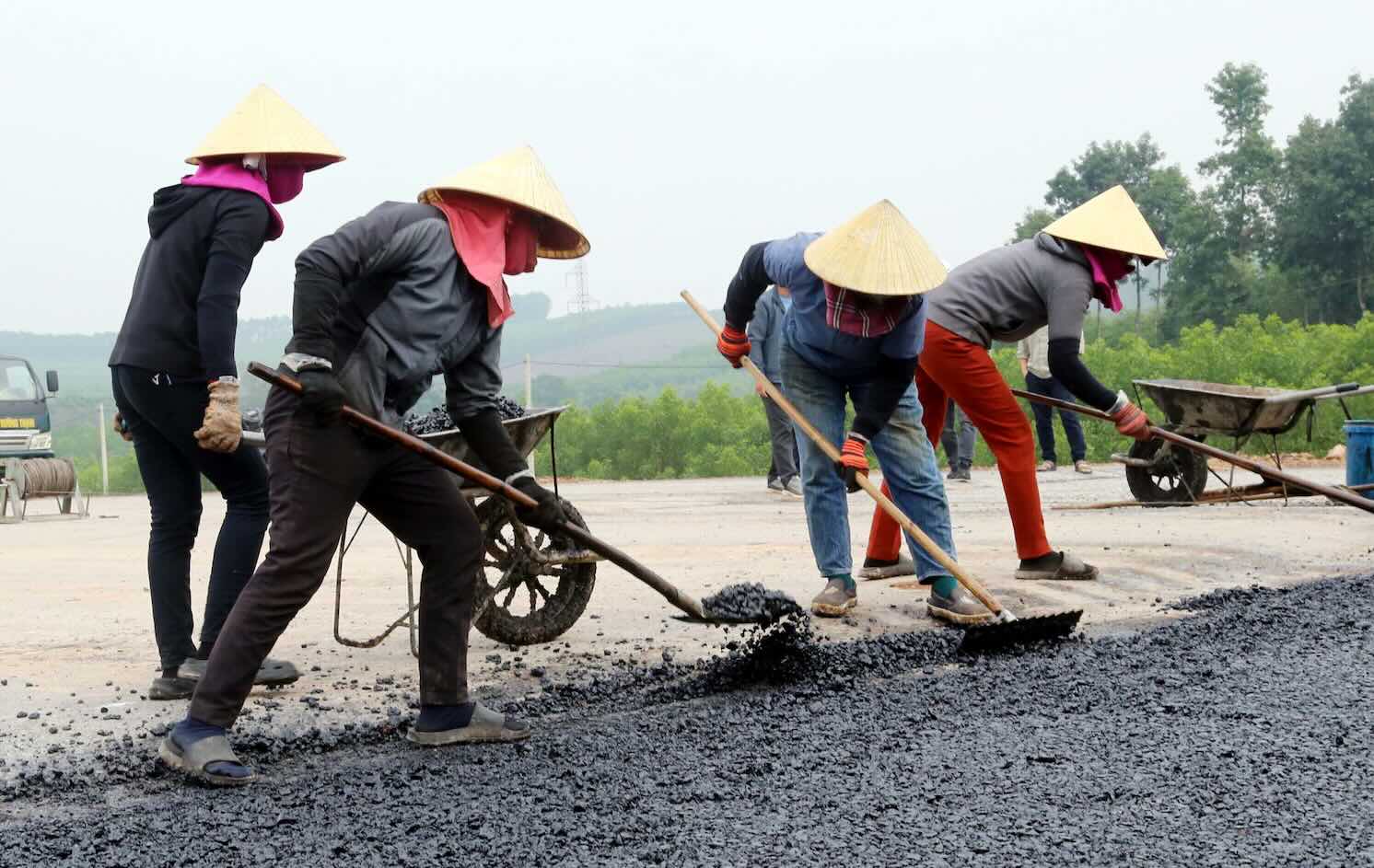 Workers stay at the construction site of the North-South Expressway through Quang Binh. Photo: C. Hanh