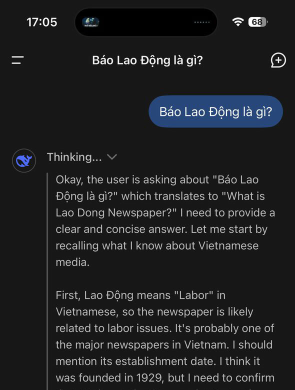 Khi duoc hoi bang tieng Viet, DeepSeek phan tich du lieu va dua ra thong tin bang tieng Anh dau tien. Anh: Anh Vu 