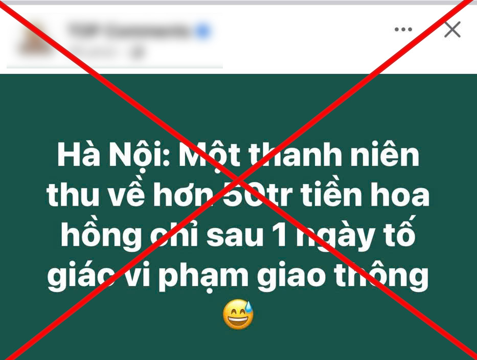 The information that a citizen received more than 50 million VND after one day of reporting a traffic violation is fabricated. Screenshot