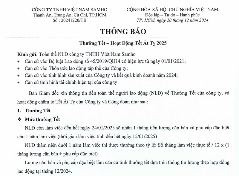 Thông báo thưởng Tết Nguyên đán 2025 của Công ty TNHH Việt Nam Samho. Ảnh: NVCC. 