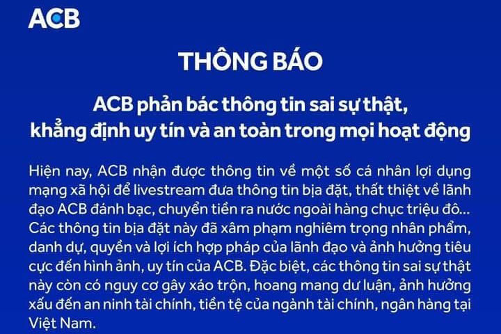 ACB Bank refutes false rumors. Photo: Source ACB