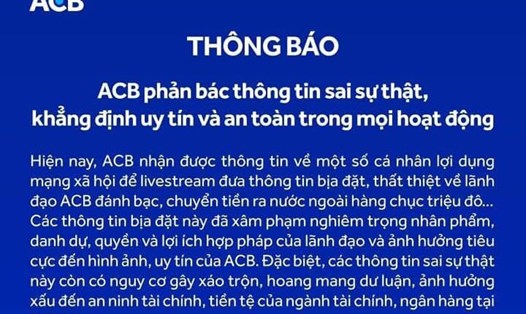 Ngân hàng ACB phản bác các tin đồn thất thiệt. Ảnh: Nguồn ACB