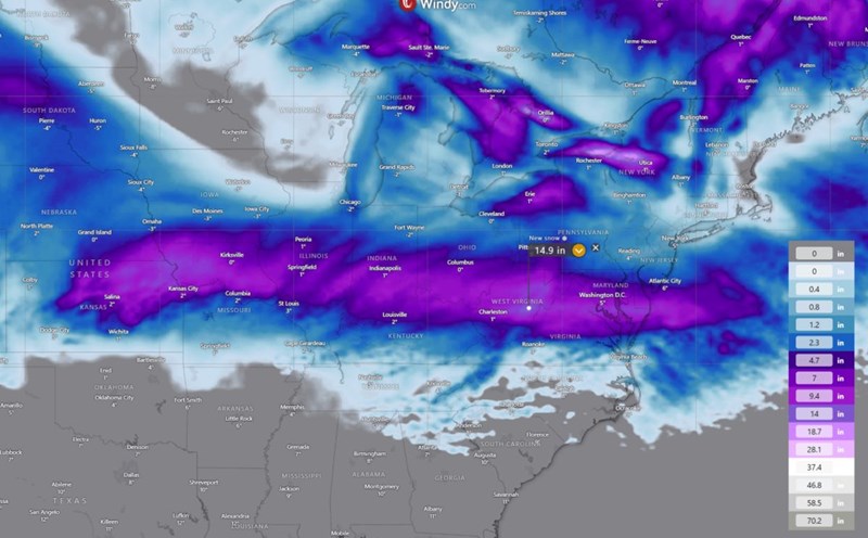The first super blizzard of 2025 is expected to bring heavy snowfall to many US states. Photo: Windy.com