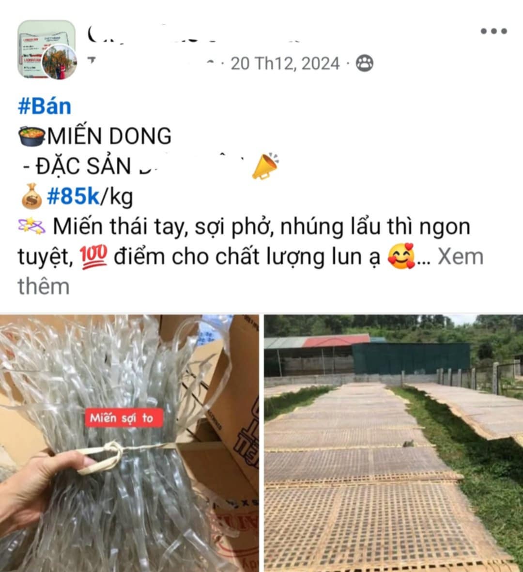 Bài đăng bán miến dong của nữ công nhân Bùi Thị Hoan. Ảnh: NVCC