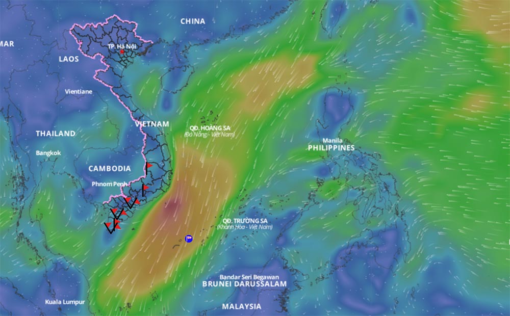 Du bao thoi tiet o nhieu khu vuc co gio manh, mua do anh huong cua ranh ap thap tren Bien Dong. Anh: He thong Giam sat thien tai Viet Nam