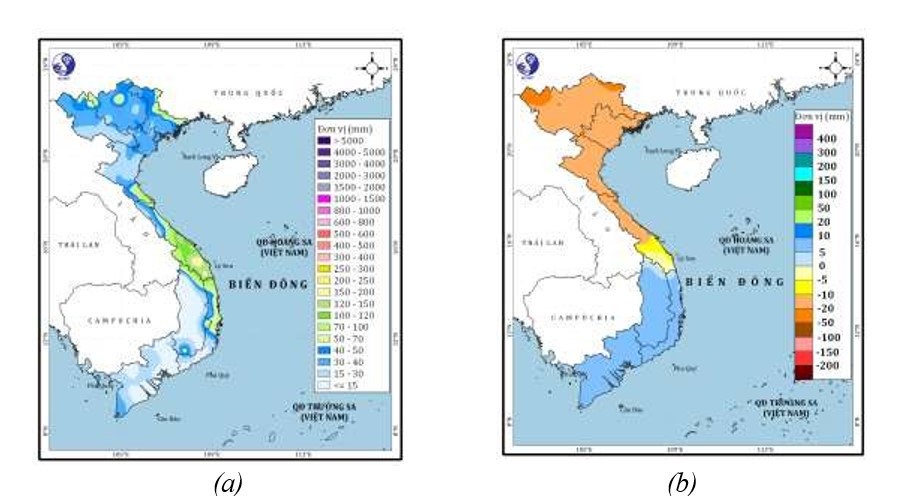 Hinh 3: (a) Nhiet do TBNN thang 01 (0C); (b) Du bao chuan sai nhiet do trung binh thang 01/2025 (0C).