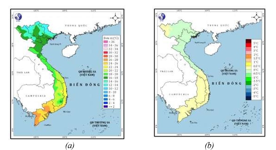 Hinh 3: (a) Nhiet do TBNN thang 01 (0C); (b) Du bao chuan sai nhiet do trung binh thang 01/2025 (0C).