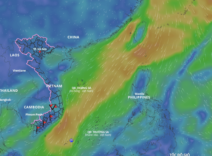 The low pressure trough with an axis of 4 - 7 degrees north latitude causes strong winds and large waves in many areas of the East Sea. Photo: Vietnam Disaster Monitoring System
