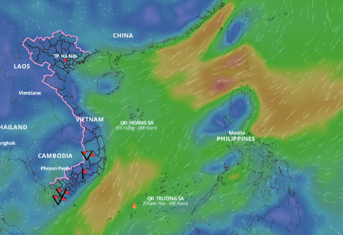 The cold air is about to intensify its impact on the sea weather. Above is the image of the wind direction layer at sea updated at 10:30 on January 7. Photo: Vietnam Natural Disaster Monitoring System