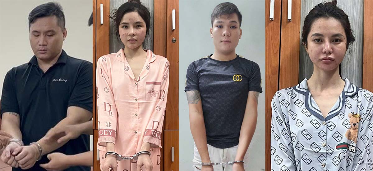 Đối tượng buôn người sang Campuchia (từ trái qua) Võ Hải Đường, Huỳnh Thị Hoàng Quyên, Nguyễn Thanh Cường, Bùi Thị Tâm Tuyền. Ảnh: Công an