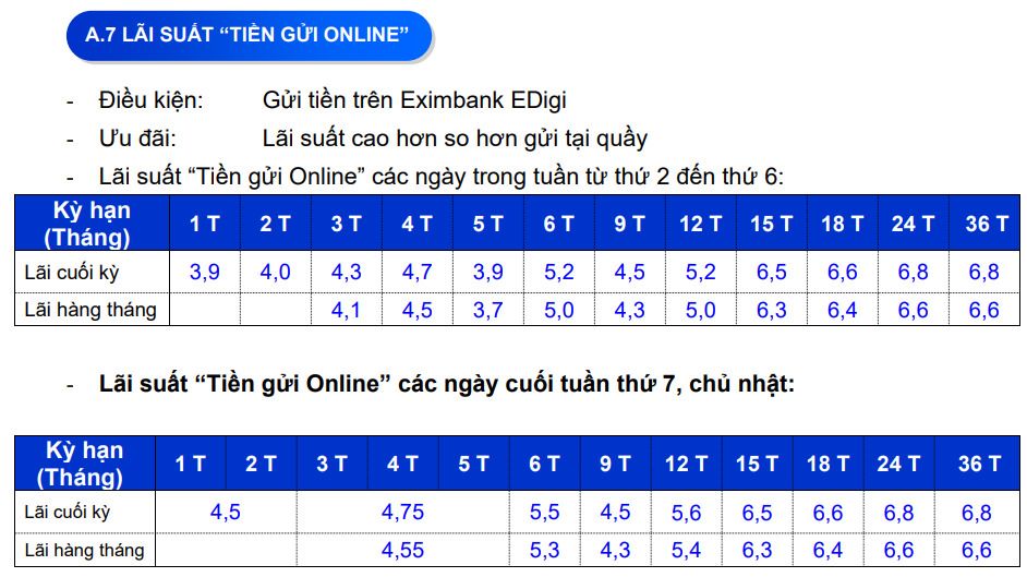 Lai suat tien gui cao nhat tai Eximbank. Anh chup man hinh.