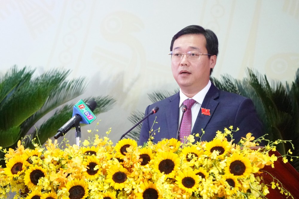 Ong Le Quoc Phong, Uy vien Ban Chap hanh Trung uong Dang, Bi thu Tinh uy, Truong Doan dai bieu Quoc hoi khoa XV - Don vi tinh Dong Thap, phat bieu khai mac Dai hoi. Anh: BTC Dai hoi cung cap. 