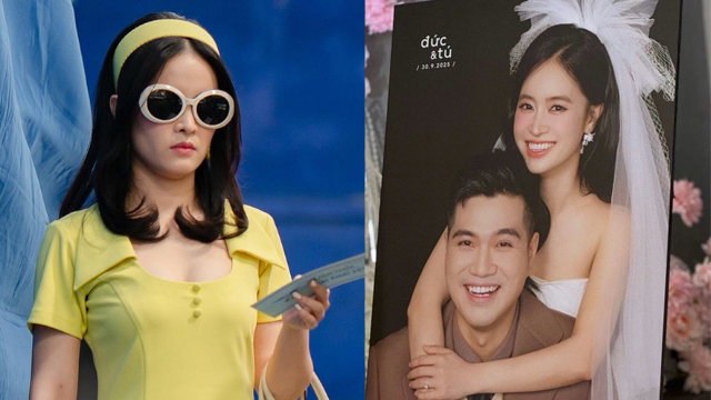 Thien Tu in the movie and wedding photos with her husband Duc Re action.