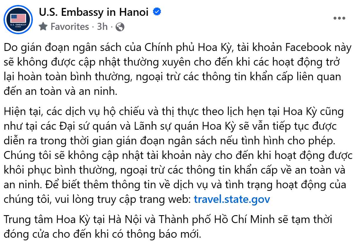 Thong bao tren trang Facebook cua Dai su quan My tai Ha Noi ngay 1.10.2025
