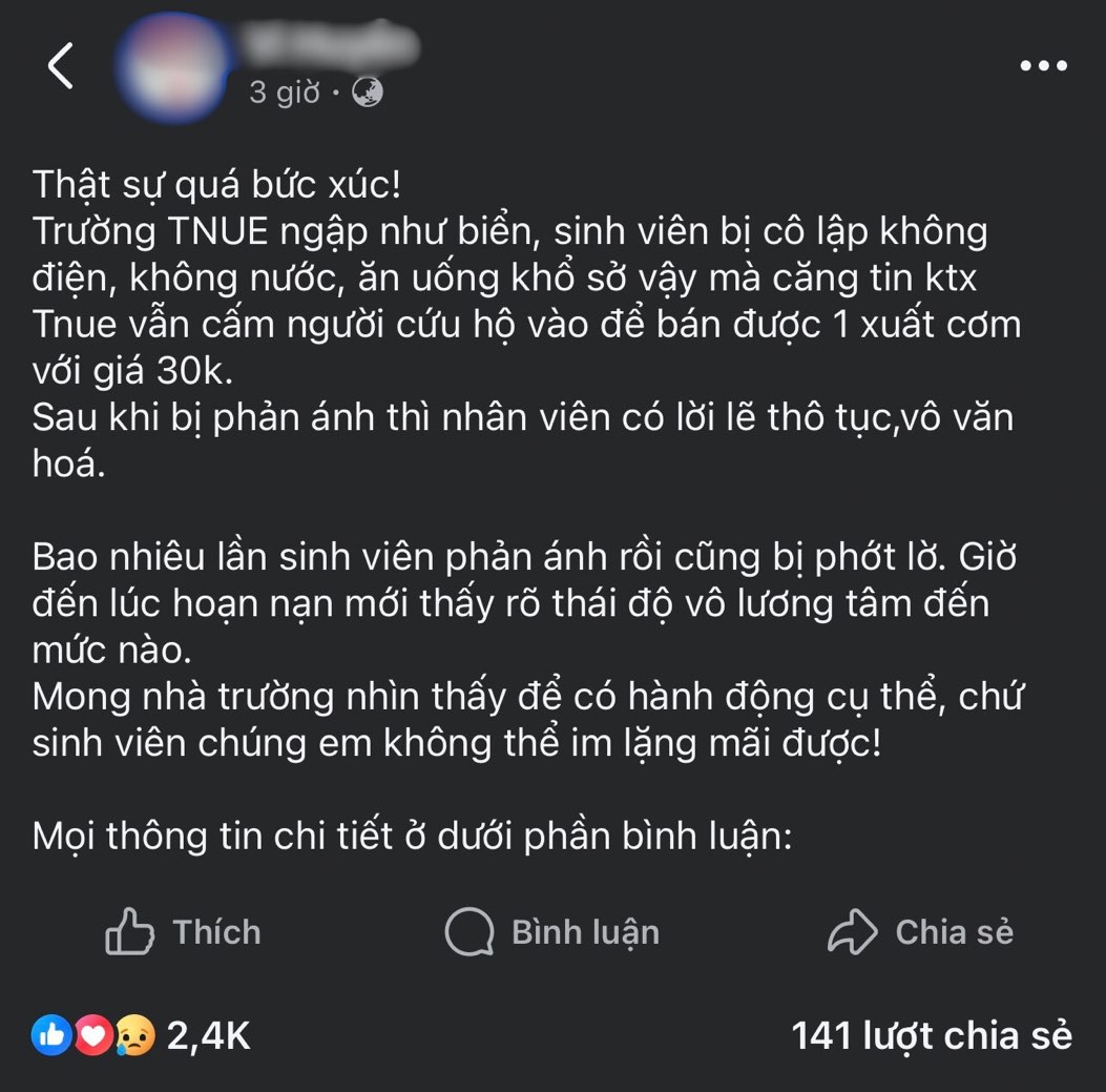 Bai viet dang lan truyen ve viec sinh vien tai Thai Nguyen bi ngan cuu tro giua mua lu gay xon xao du luan. Anh: Vi Huy.