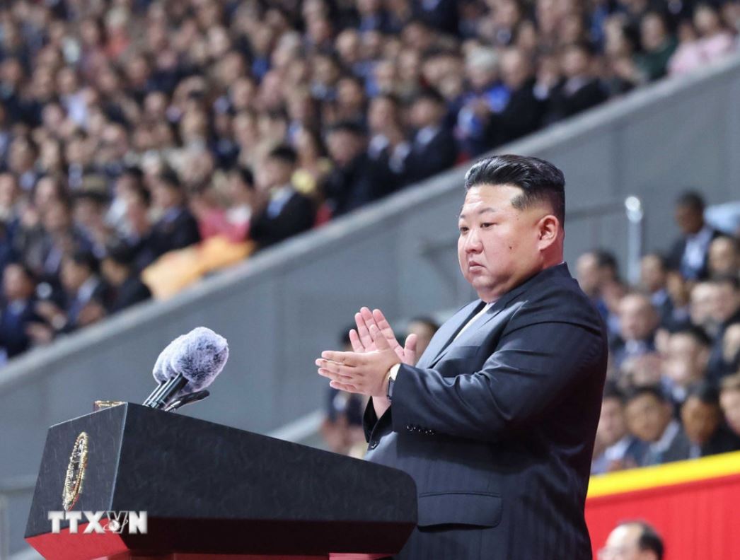 Chu tich Trieu Tien Kim Jong Un phat bieu. Anh: TTXVN