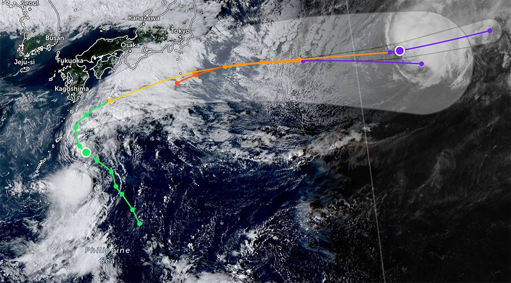 Actualizacion de la posicion y la direccion de movimiento del tifon Nakri que se esta conectando con el tifon Halong que se esta intensificando y se acerca al continente japones. Foto: JWTC