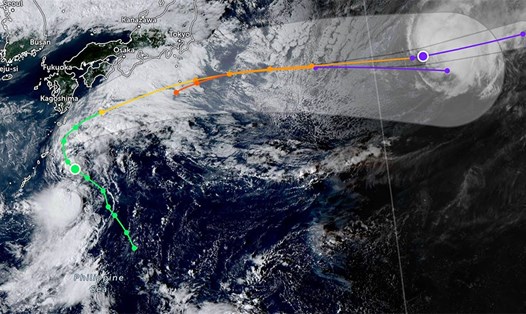 Cập nhật vị trí và hướng di chuyển của bão Nakri đang nối đuôi bão Halong mạnh lên, tiến sát đất liền Nhật Bản. Ảnh: JWTC