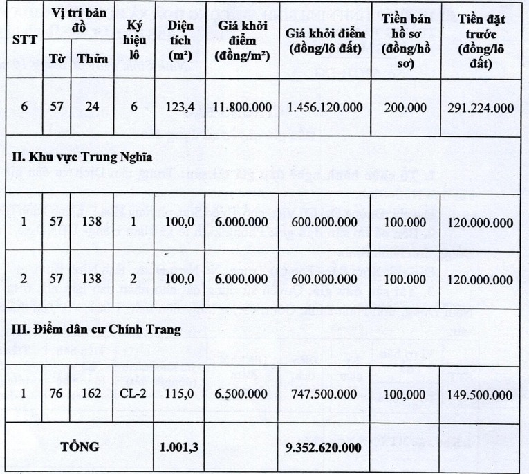 Thong tin 9 lo dat dau gia lam nha o tai xa Nam Dong, Ninh Binh. Anh: Trung tam Dich vu dau gia tai san tinh Ninh Binh