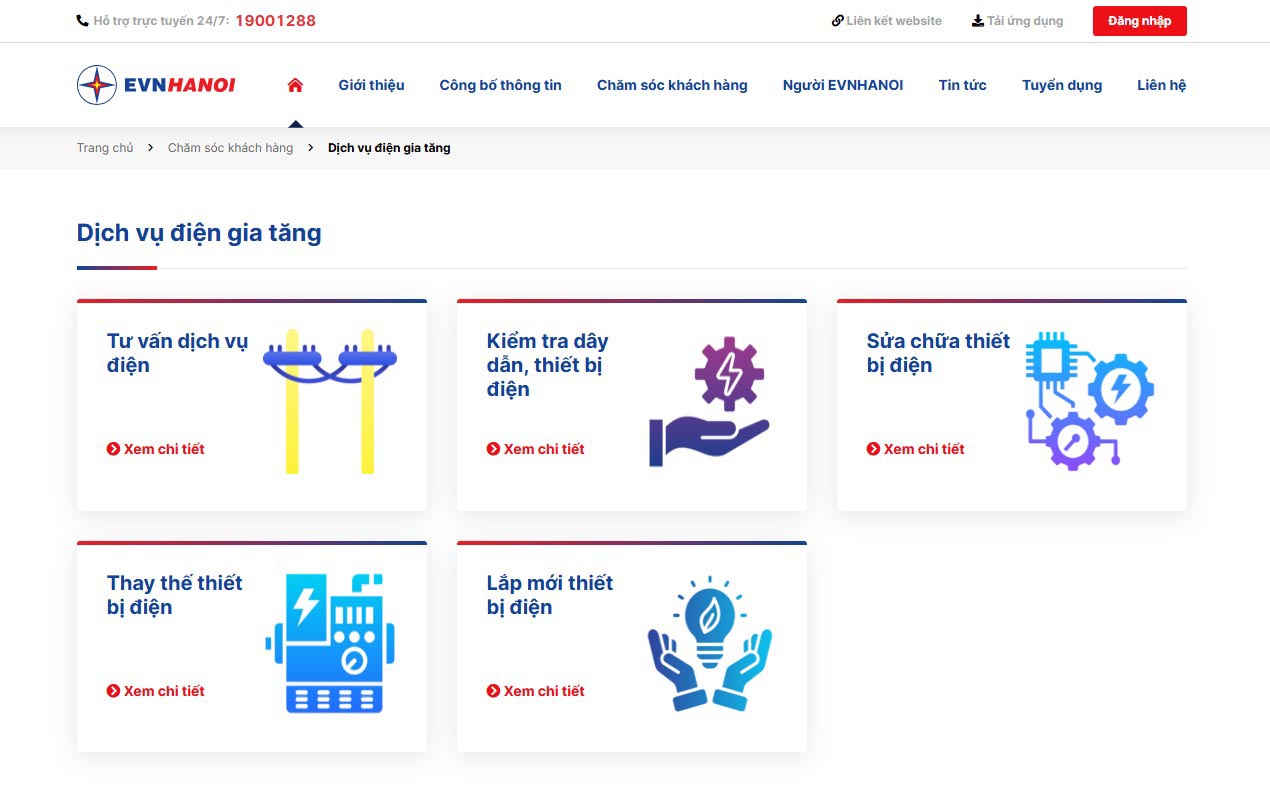 Giao dien muc “Dich vu dien gia tang” tren website evnhanoi.vn. Anh: EVNHANOI cung cap.