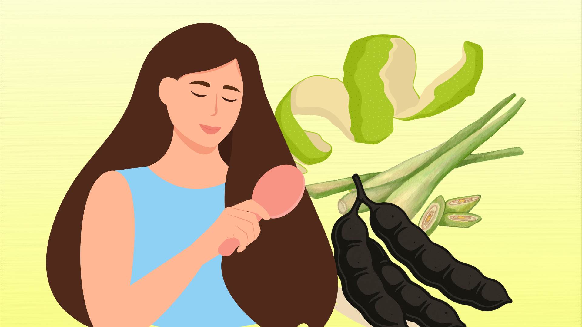 Các nguyên liệu làm dầu gội từ thiên nhiên giúp kích thích mọc tóc hiệu quả. Ảnh đồ họa: Hoàng Lộc