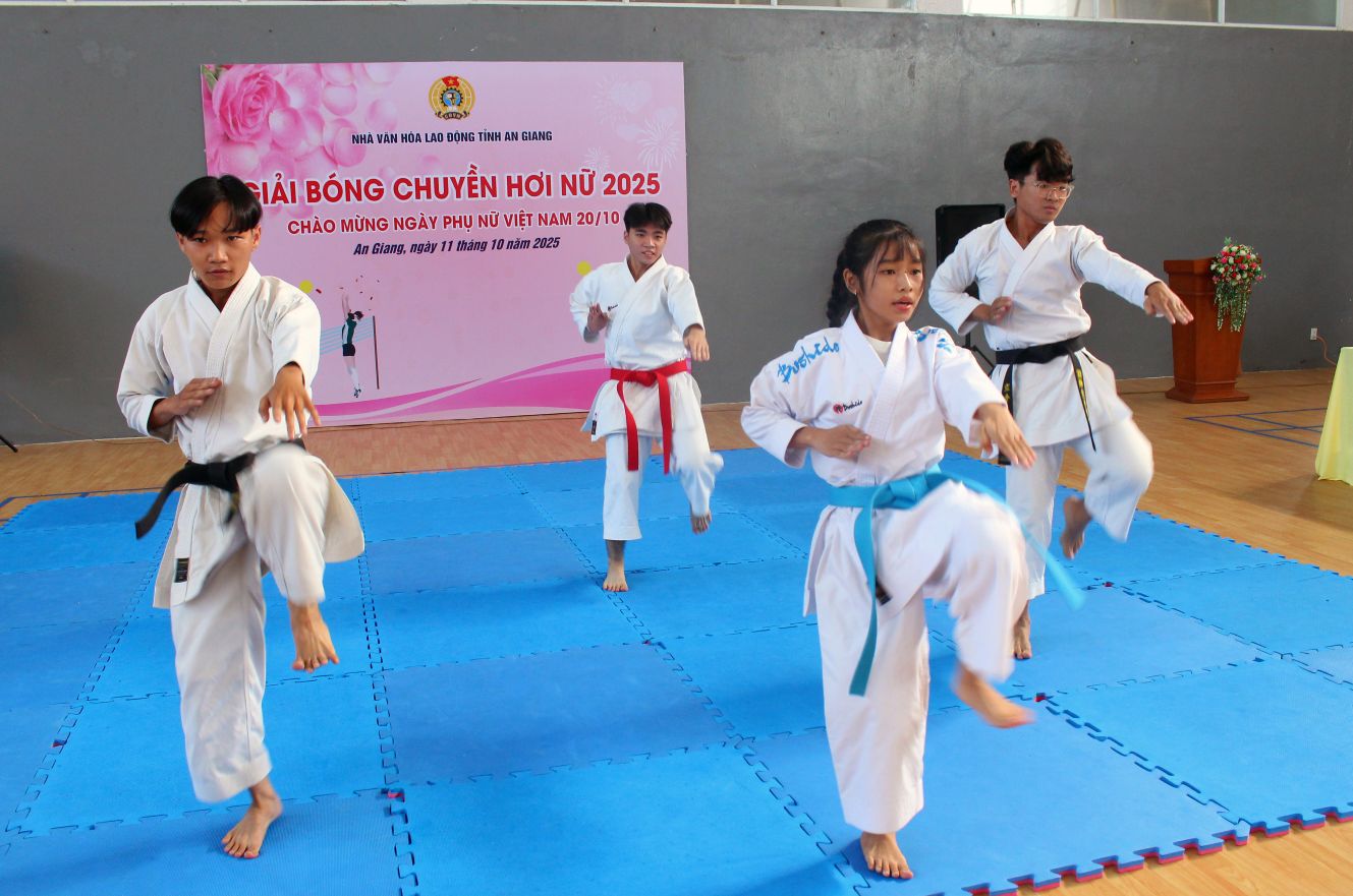 Nhom vo sinh trong cau lac bo vo thuat cua Nha Van hoa lao dong tinh An Giang bieu dien vo thuat chao mung su kien thi dau bong chuyen hoi. Anh: Thanh Mai 