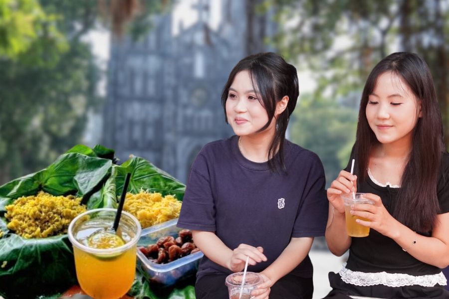 Jovenes se invitan mutuamente a comer xoi com para 'desafiar la tendencia de otoño' en la calle Nha Tho