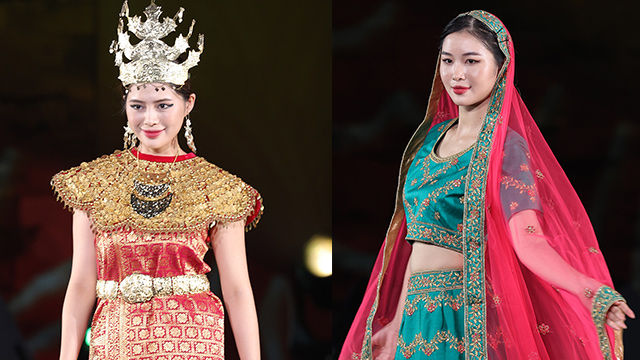 Performing traditional costumes of countries.