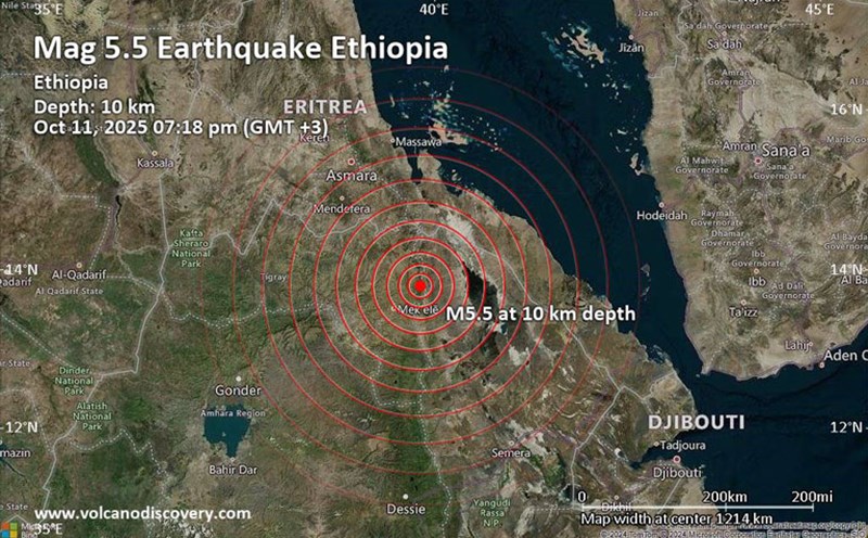 The red area was the site of a 5.5-magnitude richter earthquake in Ethiopia on the evening of October 11 (local time). Satellite photo of Volcano Discovery