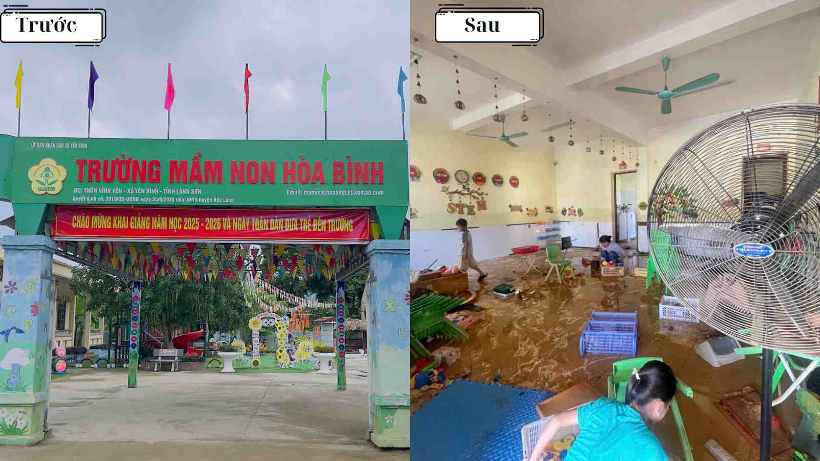 La guarderia Hoa Binh en la comuna de Yen Binh provincia de Lang Son antes y despues de que pasara la inundacion. Foto: Proporcionada por la escuela