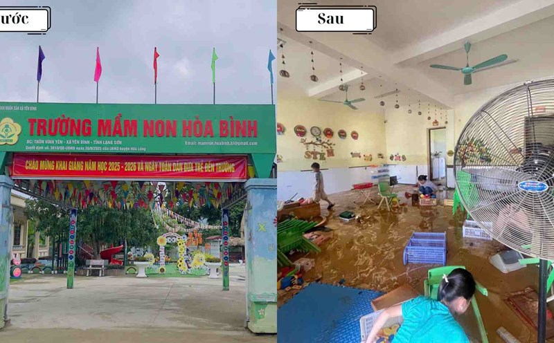 Hoa Binh Kindergarten, Yen Binh Commune, Lang Son Province before and after the flash flood. Photo: Provided by the school