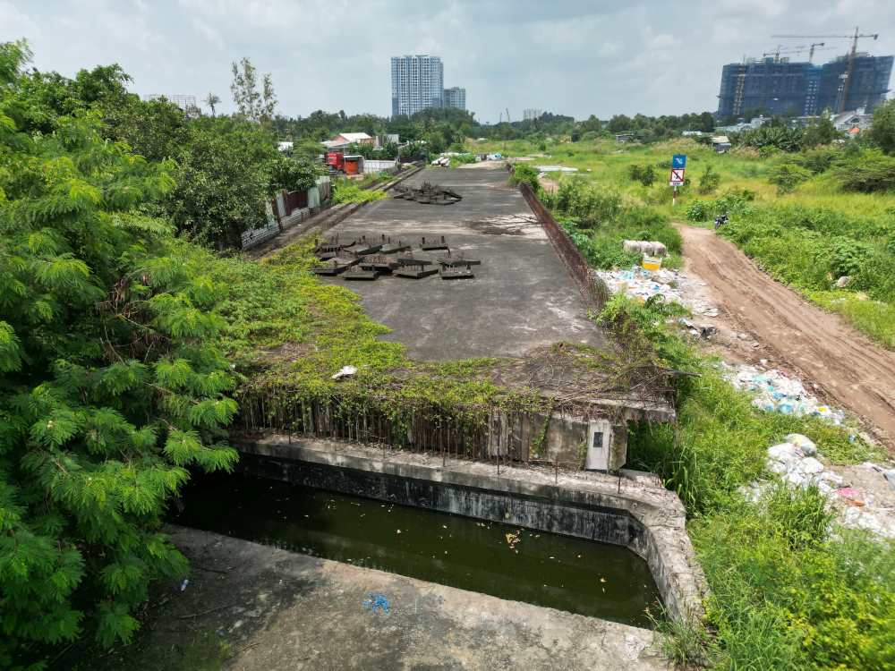 Co dai moc um tum, che khuat ca hanh lang va rao chan. May moc da di doi, khong con nguoi trong coi. Anh: Anh Tu