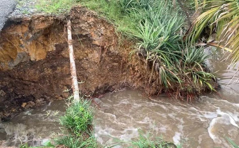 Under the pressure of strong water flows, the soil in the sewers is dug up, and water quickly overflows into the agricultural land area. Photo: Duy Minh