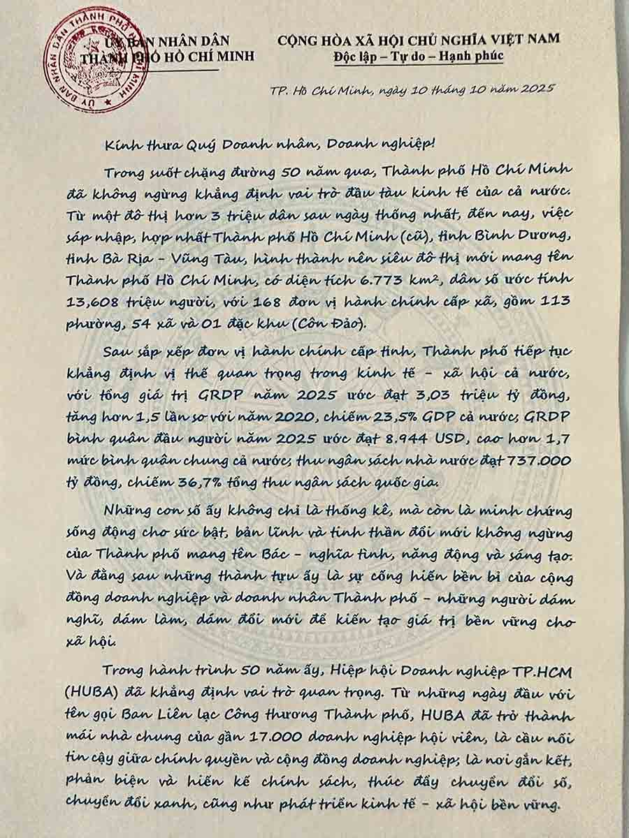 The letter was sent by the Chairman of the Ho Chi Minh City People's Committee to the business community and enterprises. Photo: HUBA