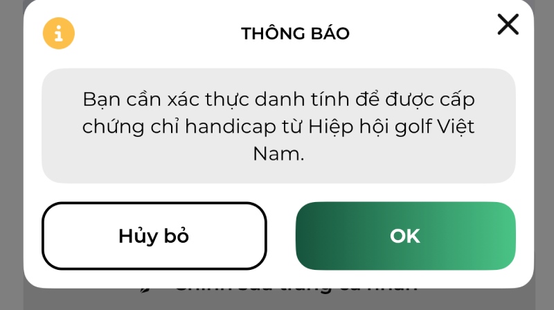 Thong bao can xac thuc danh tinh de duoc cap chung chi tren ung dung vHandicap. Anh: Nhom PV