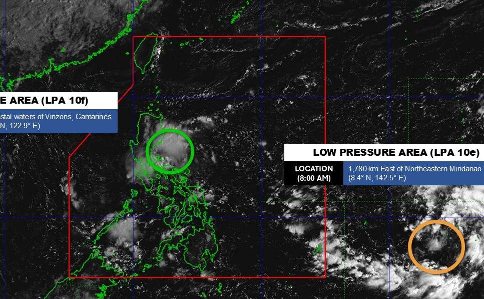 The center of low pressure 10f and low pressure 10e - the predecessor of storm No. 12 - at 8:00 a.m. on October 14, 2025. Photo: PAGASA