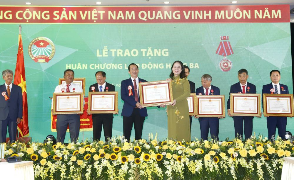 Dong chi Vo Thi Anh Xuan trao Huan chuong Lao dong hang Ba cho Hoi Nong dan Giai phong mien Trung - Tay Nguyen. Anh: Pham Hung