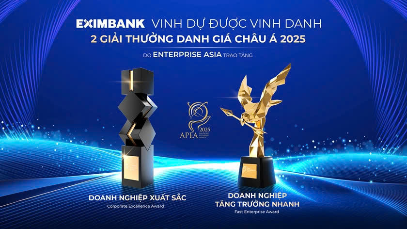Eximbank duoc vinh danh Doanh nghiep xuat sac chau A (Corporate Excellence Award) va Doanh nghiep tang truong nhanh (Fast Enterprise Award) tai APEA 2025. Anh: DN cung cap