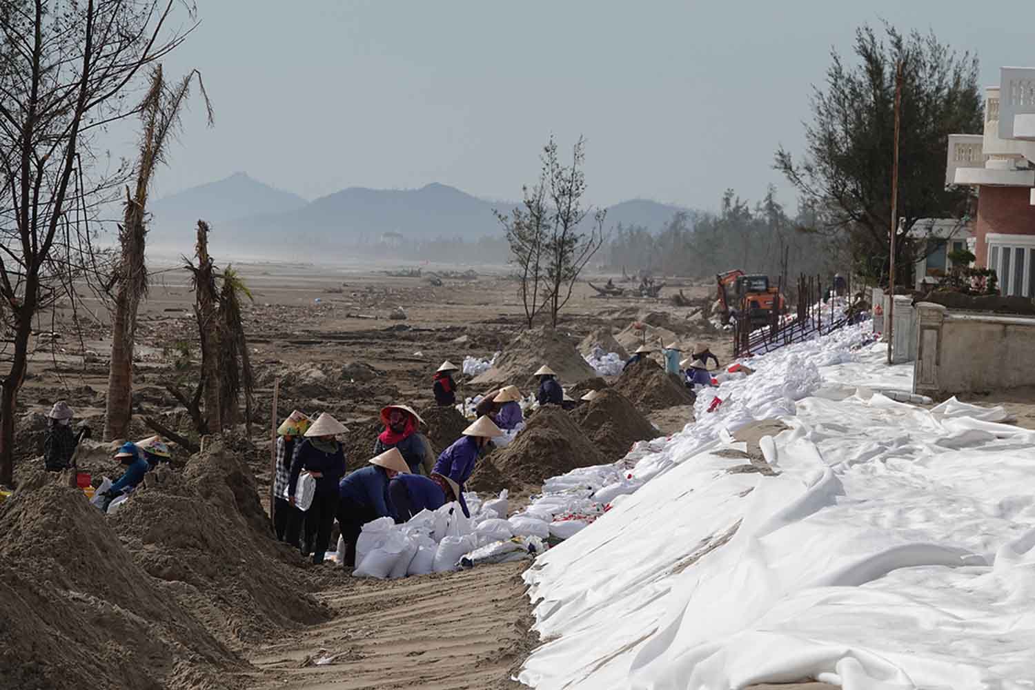 Despues de la tormenta el trabajo de reparacion de las consecuencias en las zonas turisticas costeras de Ha Tinh se esta concentrando. En la foto se ve a los trabajadores utilizando sacos de arena para cubrir temporalmente los postes de proteccion costera en las villas Hoa Tien Xuan Thanh dañadas despues de la tormenta numero 10. Foto: Tran Tuan.