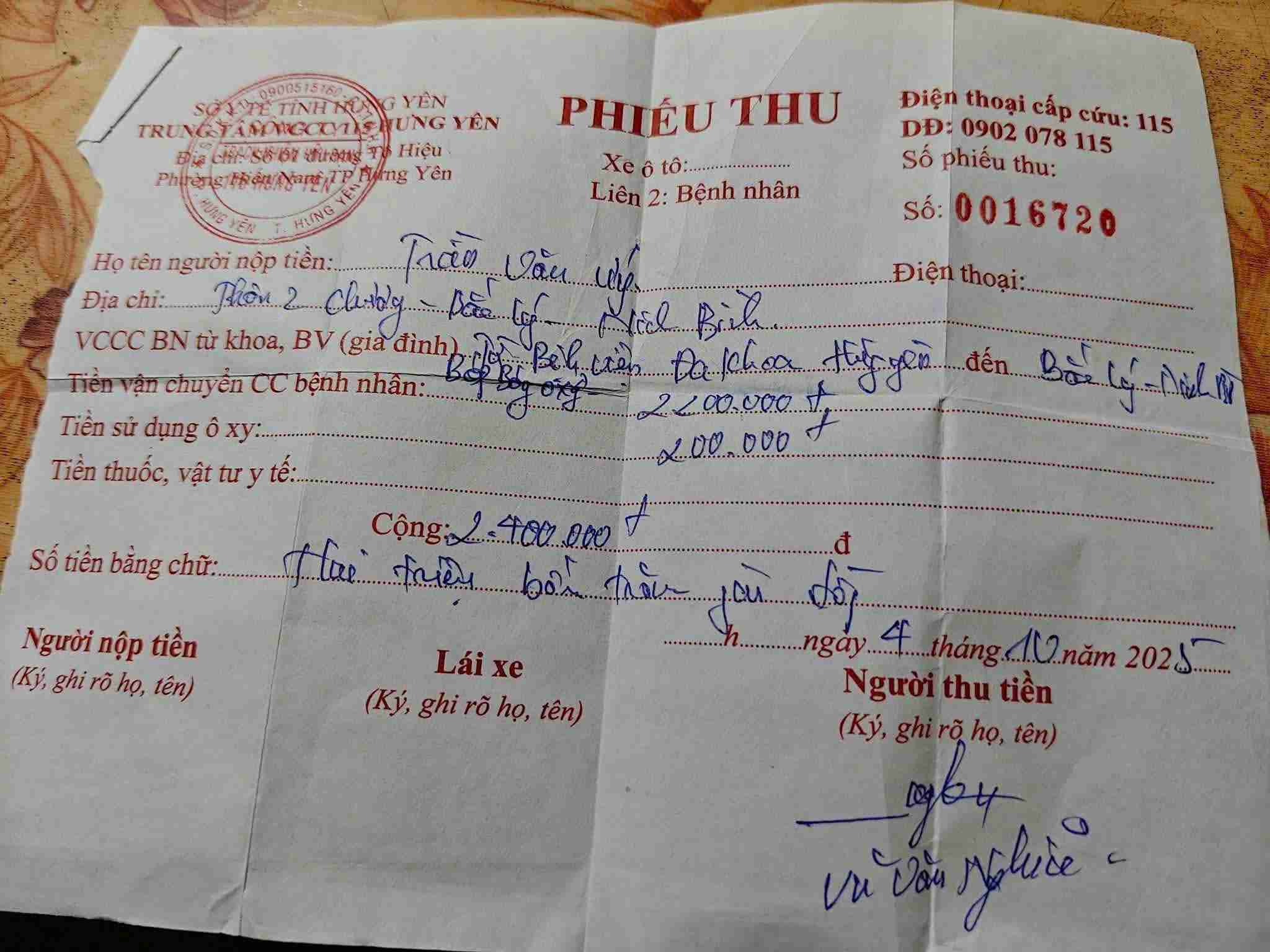 Phiếu thu cước vận chuyển của Trung tâm cấp cứu 115 Hưng Yên với tổng số tiền 2,4 triệu đồng cho quãng đường 12km. Ảnh: Nhân vật cung cấp