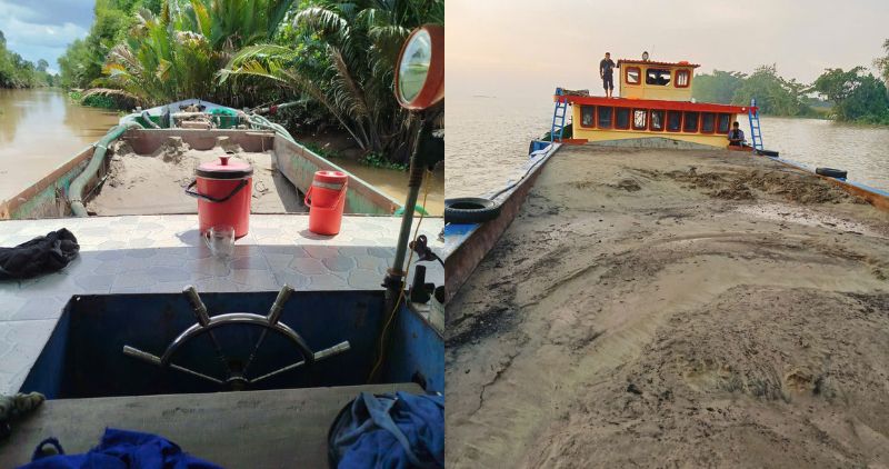 Công an xã Quới Thiện kiểm tra 2 sà lan chở tổng 246m³ cát sông trái phép trên sông Cổ Chiên, Vĩnh Long. Ảnh: Công an cung cấp