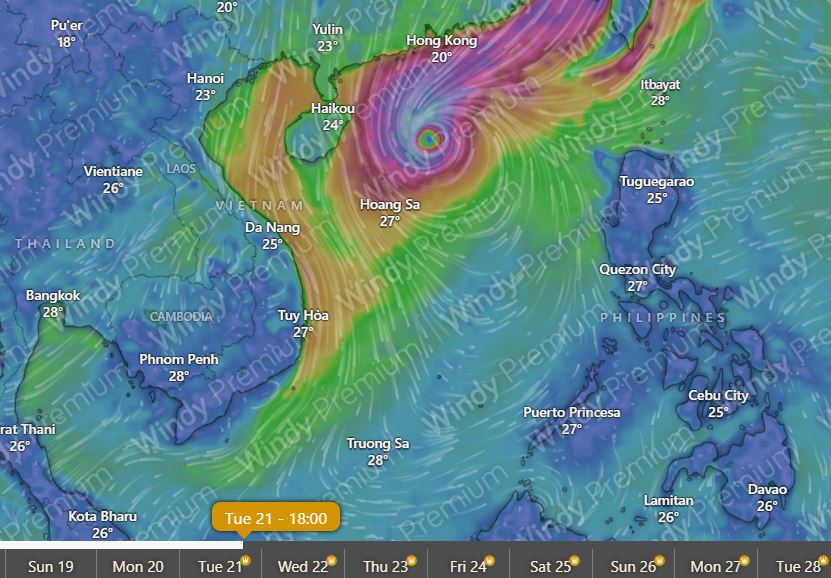 Potential location of storm No. 12 at 6:00 p.m. on October 21. Photo: Windy