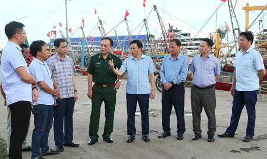 Phó Chủ tịch UBND tỉnh Lại Văn Hoàn cùng lãnh đạo các sở, ngành kiểm tra khu vực luồng vào cảng cá Tân Sơn, xã Thái Thụy. Ảnh: Cổng TTĐT tỉnh Hưng Yên