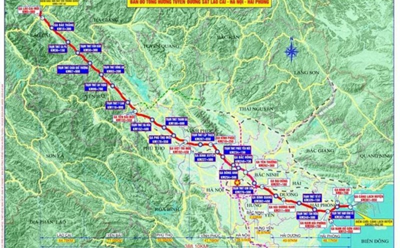 Overview map of the Lao Cai - Hanoi - Hai Phong railway line. Photo: Lao Cai Provincial Electronic Information Portal.