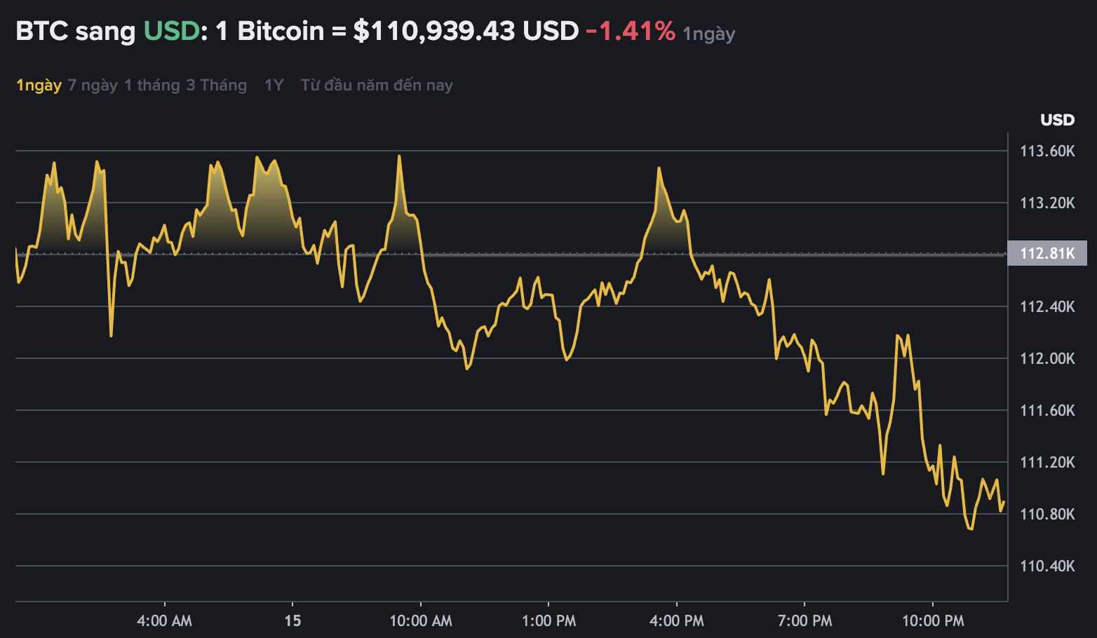Dữ liệu trên Binance - sàn giao dịch tiền mã hóa lớn nhất thế giới cho thấy giá Bitcoin lao dốc, giao dịch quanh vùng 110.000 USD. Nguồn: Binance.com
