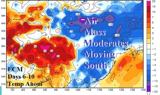Dự báo không khí lạnh tràn về Trung Quốc vào đầu tuần tới. Ảnh: Climate Impact Company